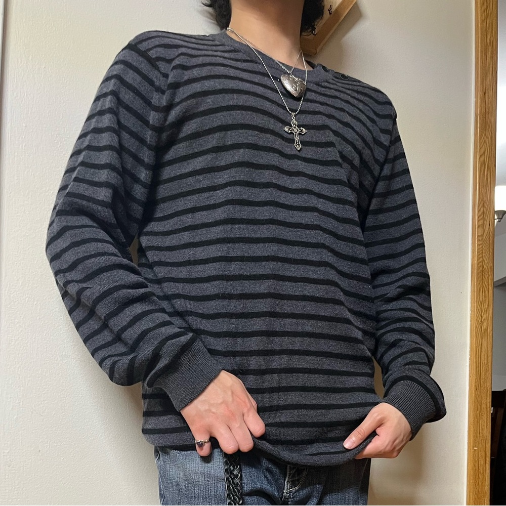 Simons Black and Gray Striped Crewneck Sweater